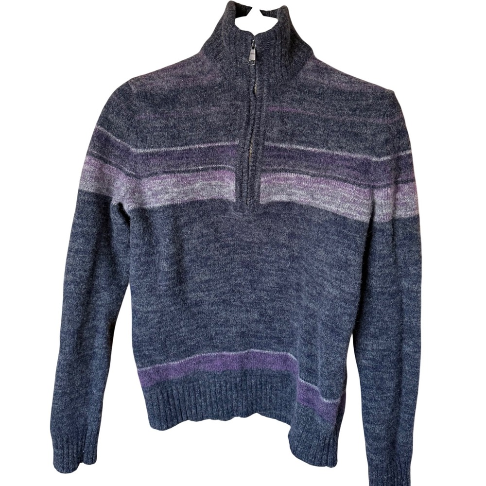 Banana Republic Extra Fine Merino Wool Quarter Zip Striped Sweater Purple Grey M